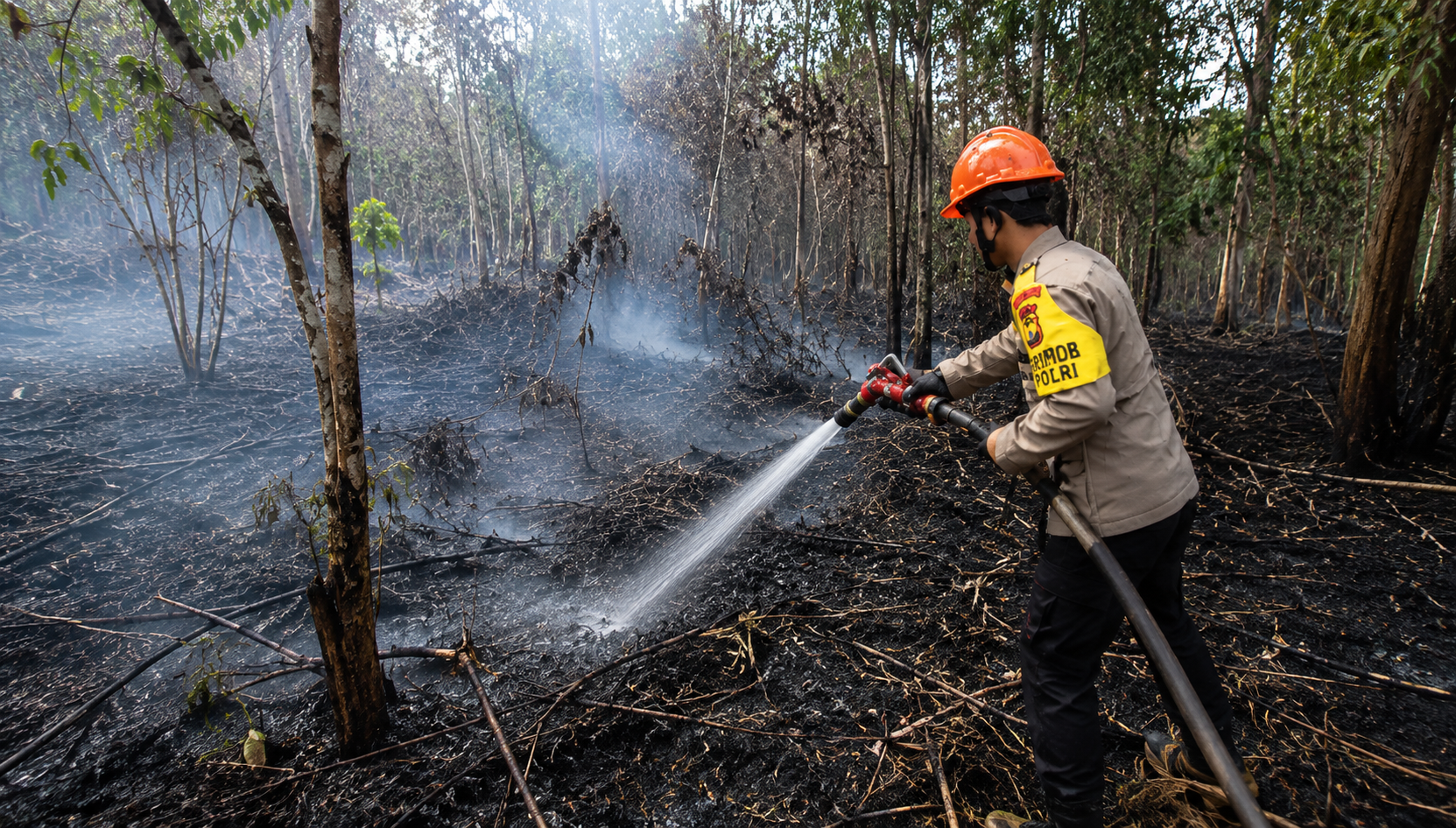Brimob Polda Kalbar memadamkan karhutla yang nyaris mendekati permukiman warga di Sungai Raya Kubu Raya.